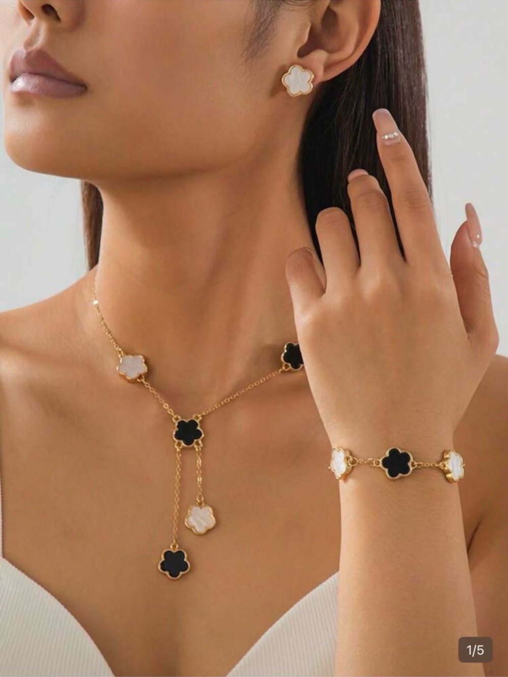 Gold Clover Necklace, Bracelet & Earrings Set - White Inlay
